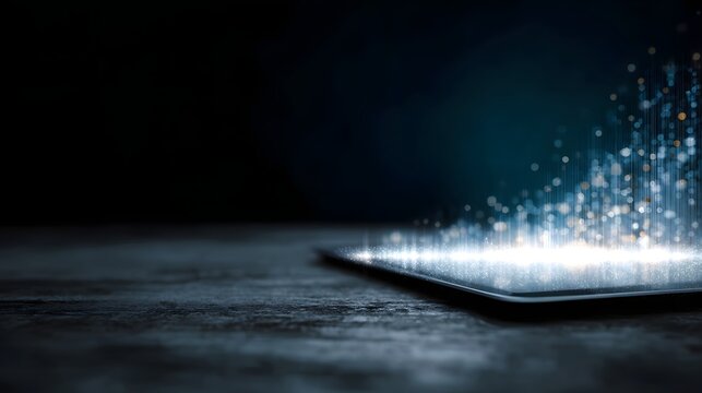 A digital marketing timeline projected from a transparent tablet