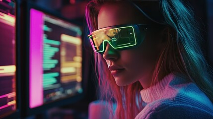 Cyberpunk Girl Coding in Neon Light