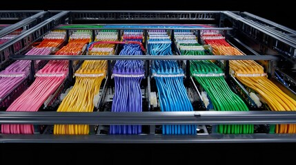A top view of a server rack filled with colorful ethernet cables neatly organized and connected to ports