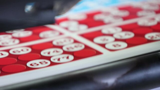 printing of colored and numbered game cards called bingo in the printing house. selective focus