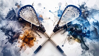 Crossed lacrosse sticks with dynamic ink splashes on a white background