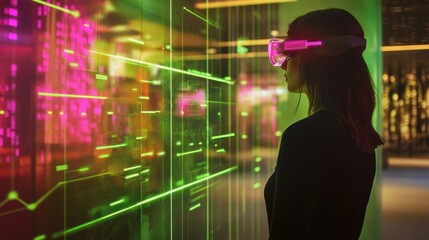Woman Exploring Futuristic Interface with AR Glasses