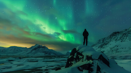 Photographer Capturing Northern Lights Over Mountains