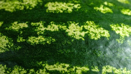 Close-up of a vibrant green watermelon skin showcasing unique textures and patterns