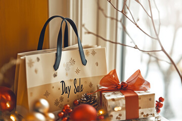 Festive shopping bag with day sale text beside beautifully wrapped gift and holiday decorations