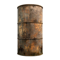 Obraz premium Weathered metal barrel with rust and peeling paint, showcasing vintage industrial look. This cylindrical container has distressed appearance, perfect for adding character to various settings