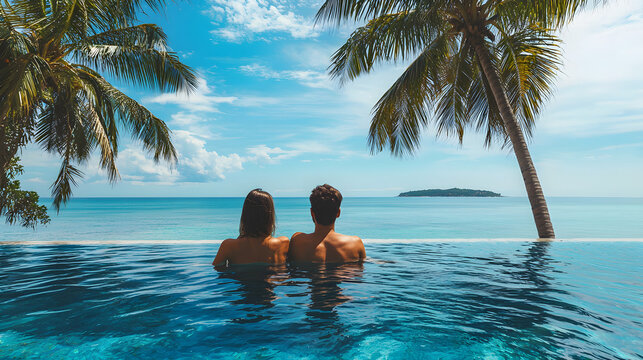 Couple enjoying beach vacation holidays at tropical resort with swimming pool and coconut - Powered by Adobe