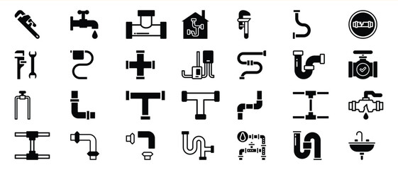 Plumbing Pipe Fittings Valves and Tools Icon Set Black Glyphs 1