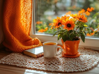 Warm autumnal window scene with sunflowers, coffee, and a book