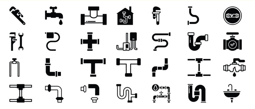 Plumbing Pipe Fittings Valves and Tools Icon Set Black Glyphs 1