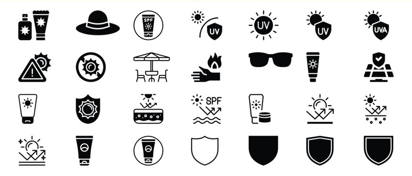 Sun Protection Icons Set Black Sunscreen S P F U V Protection Hat Sunglasses