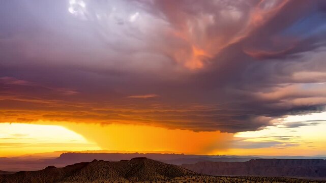 Dramatic sunset with storm clouds over a desert landscape