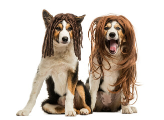 Border Collies wearing wigs sitting together, isolated on white