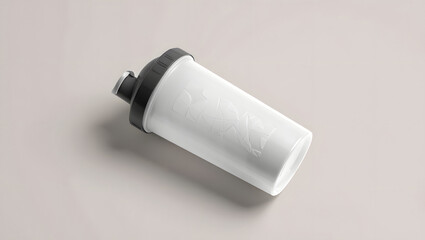 A sleek white protein shaker bottle with embossed design rests on a neutral background