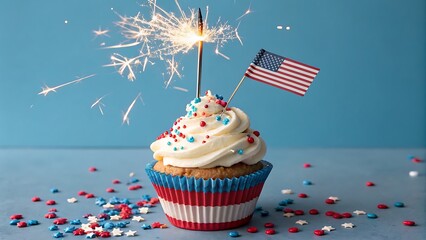 Patriotic Dessert Delight: A Sparkling Cupcake Decorated with an American Flag for the 4th of July