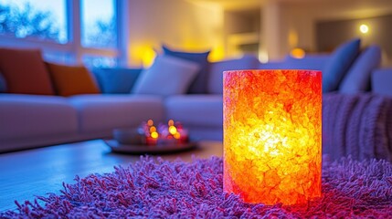 Warm orange candle on textured rug in a cozy living room