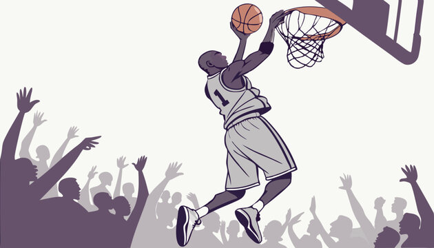African American National Basketball Superstar Player Scoring a Powerful Slam Dunk Goal with Both Hands In Front Of Cheering Audience Of Fans. Cinematic Sports Shot with Back View Action      - Powered by Adobe