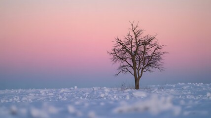 Fototapeta premium Solitary Winter Tree at Pastel Sunset in Snowy Field