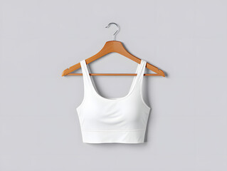 A pristine white sports bra hangs delicately on a light wooden hanger against a neutral gray backdrop