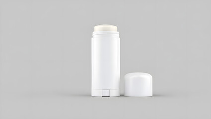 A pristine white deodorant stick rests beside its cap, isolated on a neutral gray background