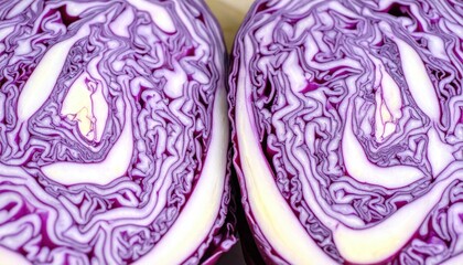 Obraz premium Close-up view of freshly cut purple cabbage halves showcasing intricate textures and colors