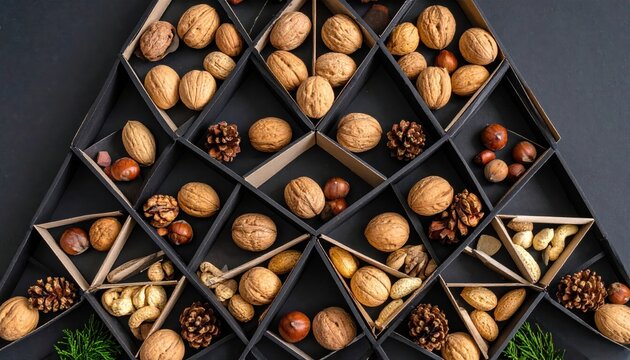 Assorted nuts and pine cones arranged in a geometric pattern on a dark surface for decoration