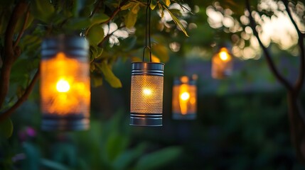 Tin can lanterns glowing in an evening backyard setup