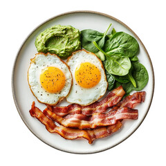 isolated keto friendly low carb breakfast plate with sunny side up eggs, mashed avocado, bacon strips and spinach shot from top view [Transparent Background PNG].
