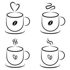 Coffee and Tea Mug Line Art Icons Set. Set of four minimalist line art vector icons featuring steaming hot mugs, with designs for both coffee (bean) and tea (leaf). vector illustration.