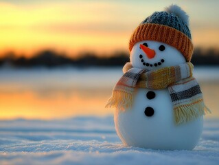 Fototapeta premium Winter snowman at sunset