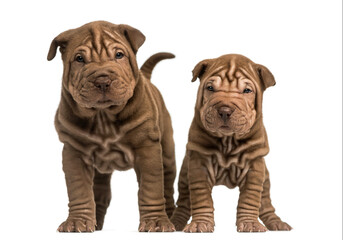 Obraz premium Front view of two Shar Pei puppies standing, looking at the camera, isolated on white
