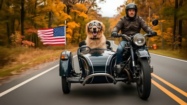 Dog with goggles rides motorcycle sidecar with driver on fall road, waving American flag. Patriotism, pets, autumn travel, Americana, adventure, pet transport, holidays, road trip.