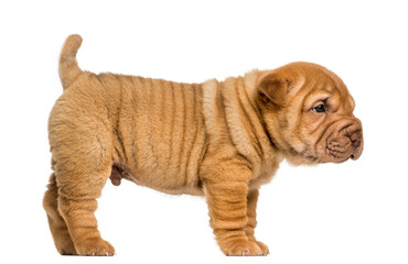 Side view of a Shar Pei puppy standing, isolated on white