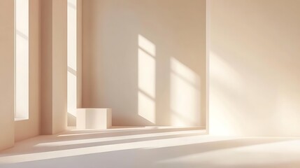 Beige interior room with soft sunlight and geometric shapes.