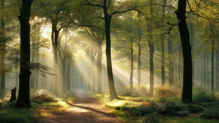 Obraz premium Sunlight streams through a forest canopy, creating a serene and ethereal atmosphere in nature.