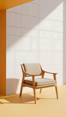Fototapeta premium Modern Wooden Chair in Minimalist Interior with White Tiles