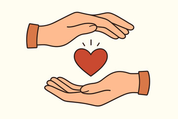 Fototapeta premium Caring hands protecting a heart. Vector illustration concept for charity, love, donation, and support. Symbol of kindness, compassion, volunteering, health care, and community.