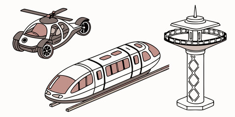 Explore futuristic transportation options featuring flying car train and control tower design illustration vector design