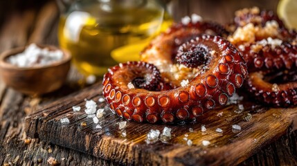 Delicious Grilled Octopus on Rustic Wooden Board with Sea Salt and Olive Oil