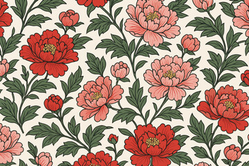 Vintage peony seamless pattern with red and pink flowers. Classic botanical background in traditional Asian Chinoiserie style. Floral vector illustration for fabric or wallpaper.