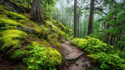 Obraz premium A serene, misty woodland path winds its way through a vibrant, moss-covered forest landscape.