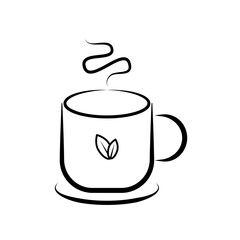 Steaming Mug with Leaf - Vector Illustration. Minimalist line art illustration of a steaming hot tea mug with a delicate leaf design, perfect for wellness, cafe, or organic beverage concepts.