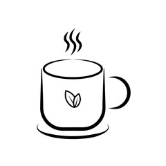 Hot Tea Mug Line Art Icon with Leaf. Minimalist line art illustration of a steaming hot tea mug with a delicate leaf design, perfect for wellness, cafe, or organic beverage concepts.