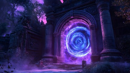 Swirling blue and purple arcane portal carved into ancient stone glowing with magical energy in a forgotten temple