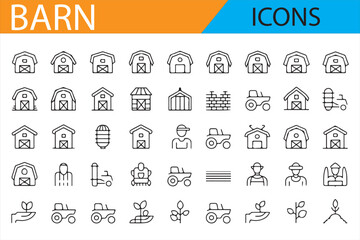 Collection of Rural and Farm Icons Including Barns and Farming Tools