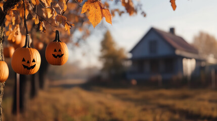 Halloween pumpkins hanging from tree branches with autumn leaves and a house in the background