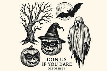 Halloween invitation design set with creepy vintage illustrations. Hand drawn linocut style graphics of a ghost, masked pumpkin, bat, and scary tree for a spooky party.