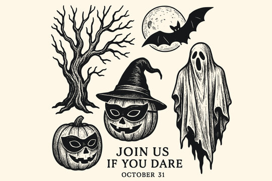 Halloween invitation design set with creepy vintage illustrations. Hand drawn linocut style graphics of a ghost, masked pumpkin, bat, and scary tree for a spooky party. - Powered by Adobe