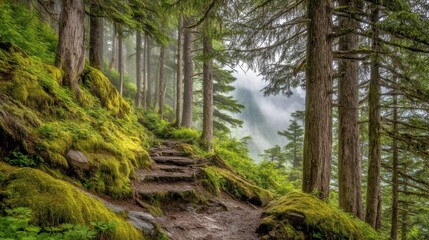 Fototapeta premium A serene woodland path winds through misty forest, moss covered ground, creating a peaceful scene.