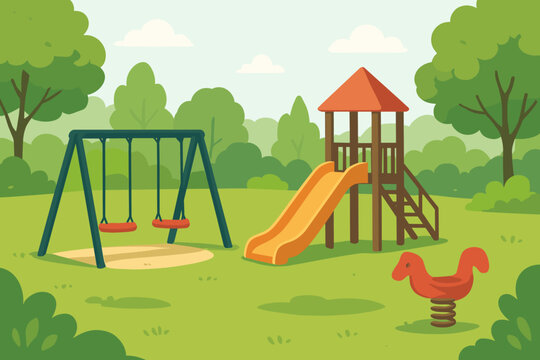 Empty kids playground in a summer park with slide, swings, and spring rider. Outdoor recreational area. Children's fun equipment. Cartoon vector landscape illustration. No people.